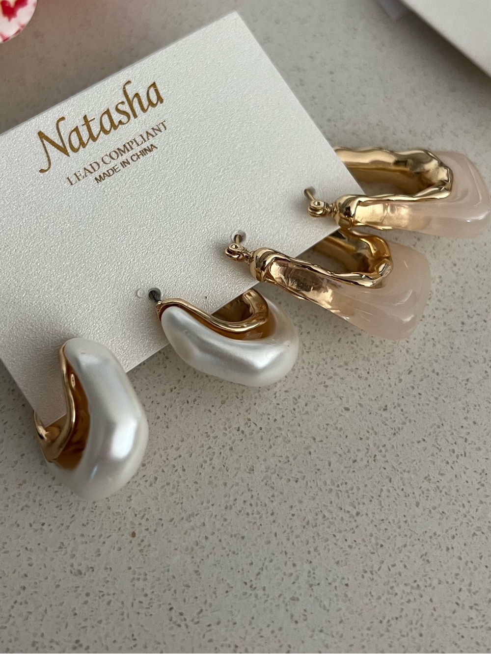 Natasha Couture Gold Hoops with Pearl White and Blush Accents